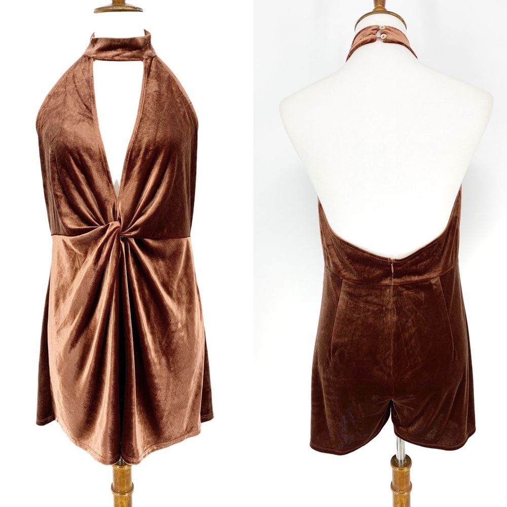 4SI3NNA Knotted Choker Romper M Dusty Copper  Sleeveless Partywear Velvet Luxe - Picture 2 of 7